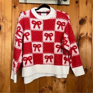 Red and White Bow Pattern Patchwork Sweater Valentines